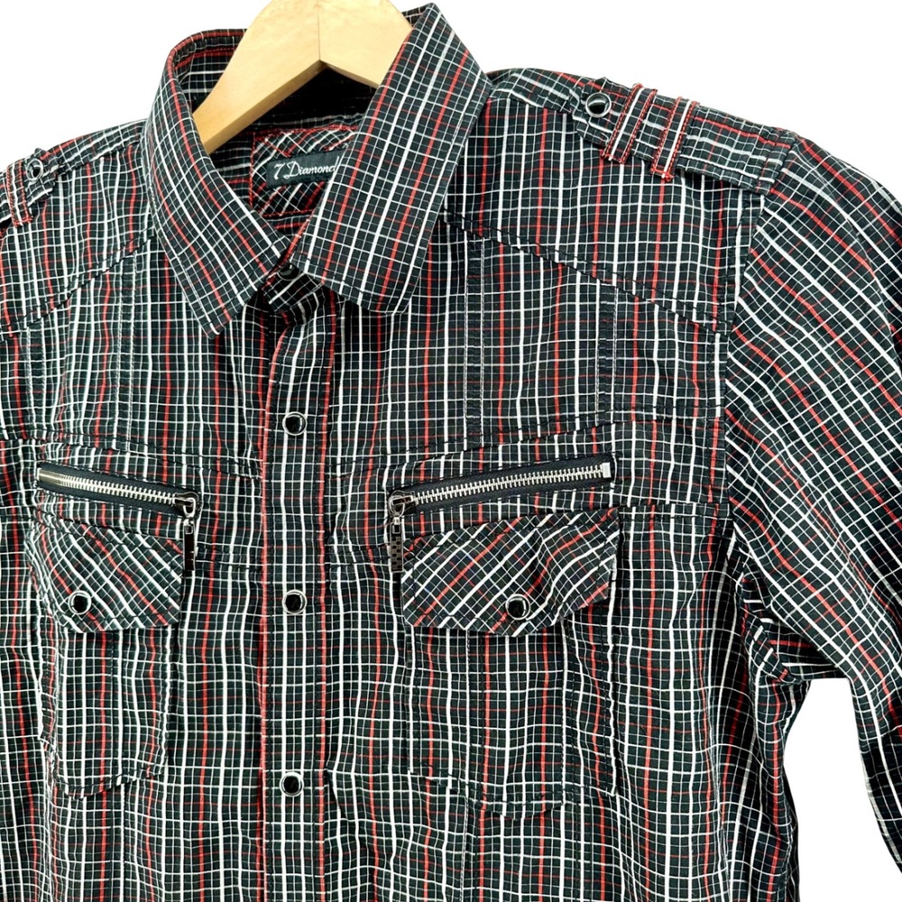7 Diamonds Mens XXL Plaid Pearl Snap Front Utility Shirt Black Red